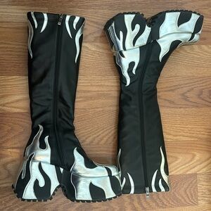 Black and Silver Flame Knee High Platform Boots